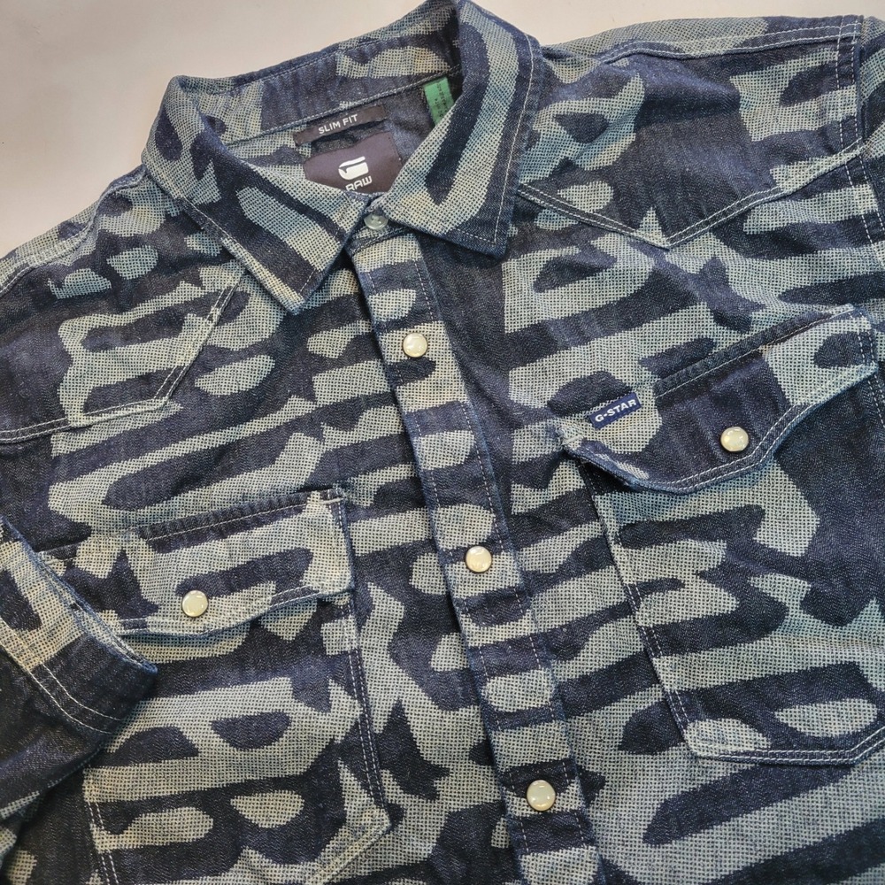 G-Star RAW Mens Slim Fit Pearl Snap Abstract Denim Western Shirt XL Short Sleeve